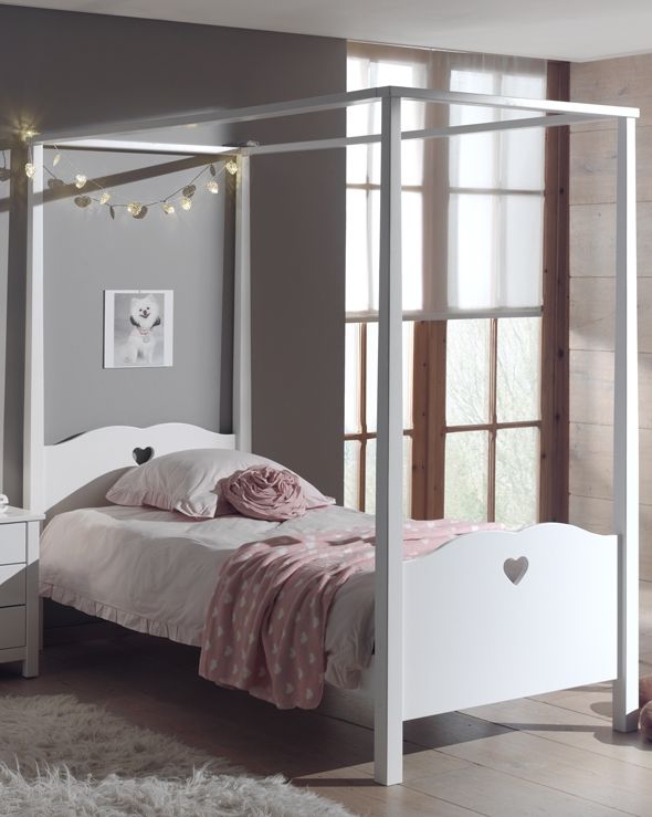 Vipack - Lit à baldaquin AMORI - Avec parure textile - Blanc - 90x200 cm