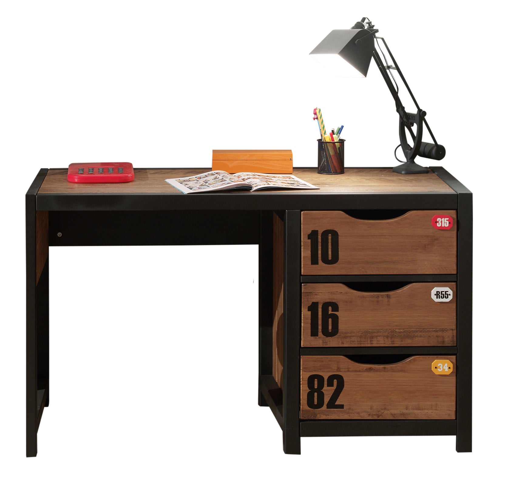 De ALEX-combinatie bestaat uit een bed (90 x 200 cm), een nachttafel, een uitschuifbed, een bureau, een 3-deurs kledingkast, een boekenkast en een kommode met 3 laden.