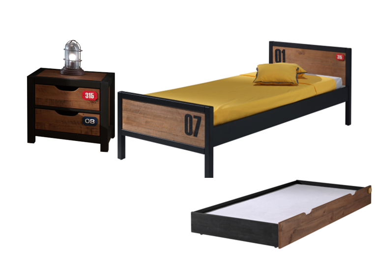 De ALEX-combinatie bestaat uit een bed 90x200 cm, een lattenbodem, een rolbed en een nachttafel.