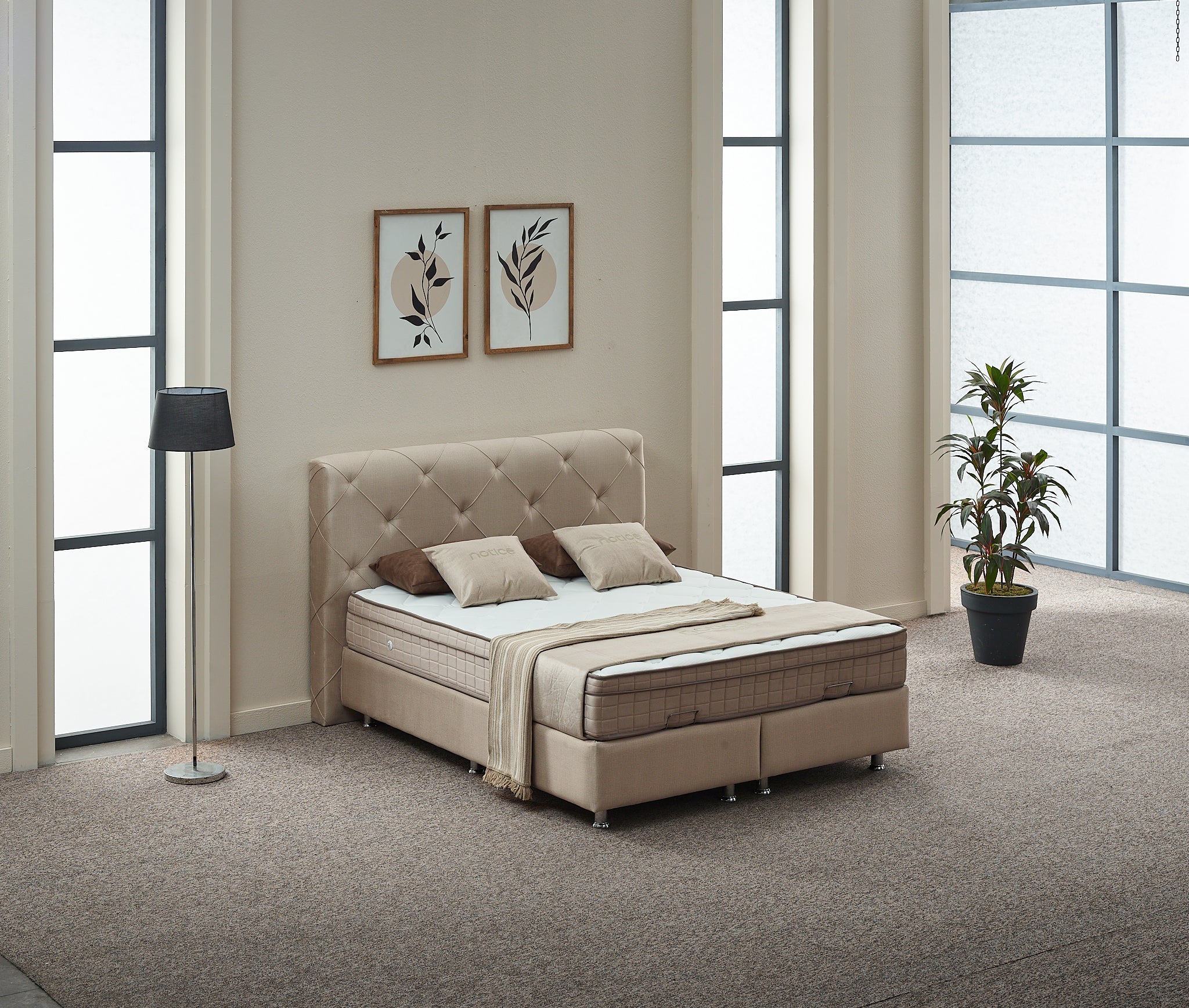 2BM - Boxspring Almi- Avec espace de rangement - Tissu - Taupe - 160x121x200cm