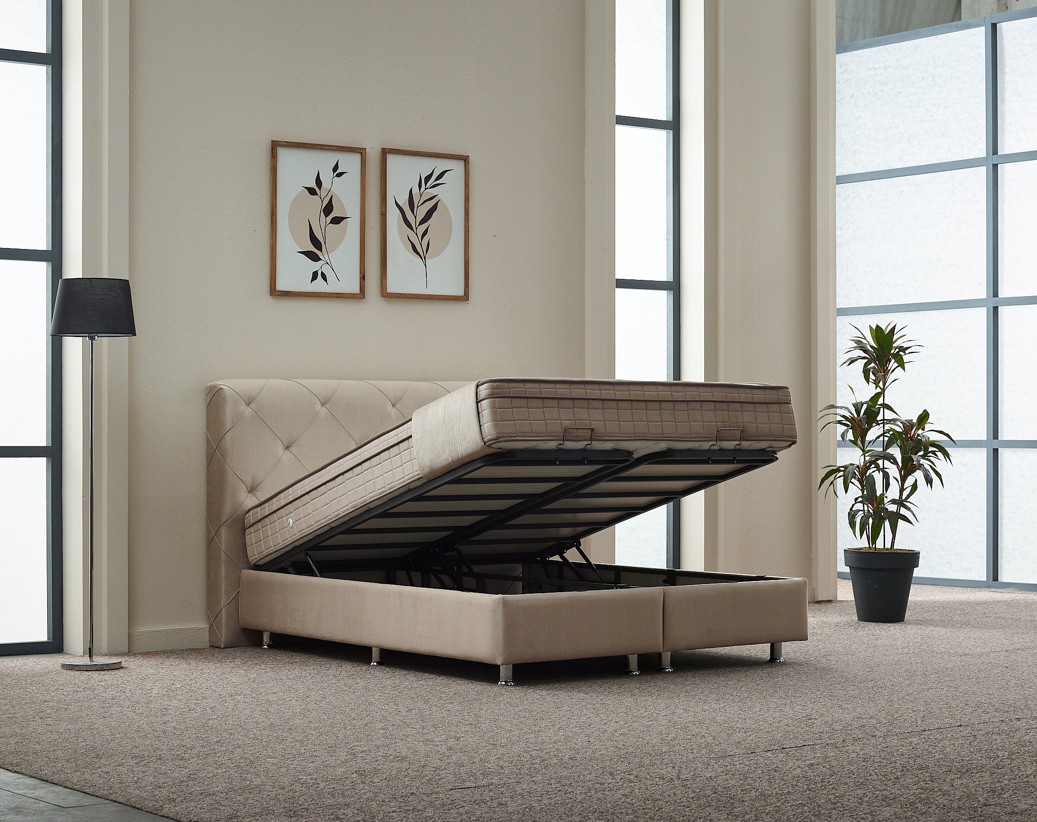 2BM - Boxspring Almi - Met opbergruimte - Stof - Taupe - 180x121x200cm