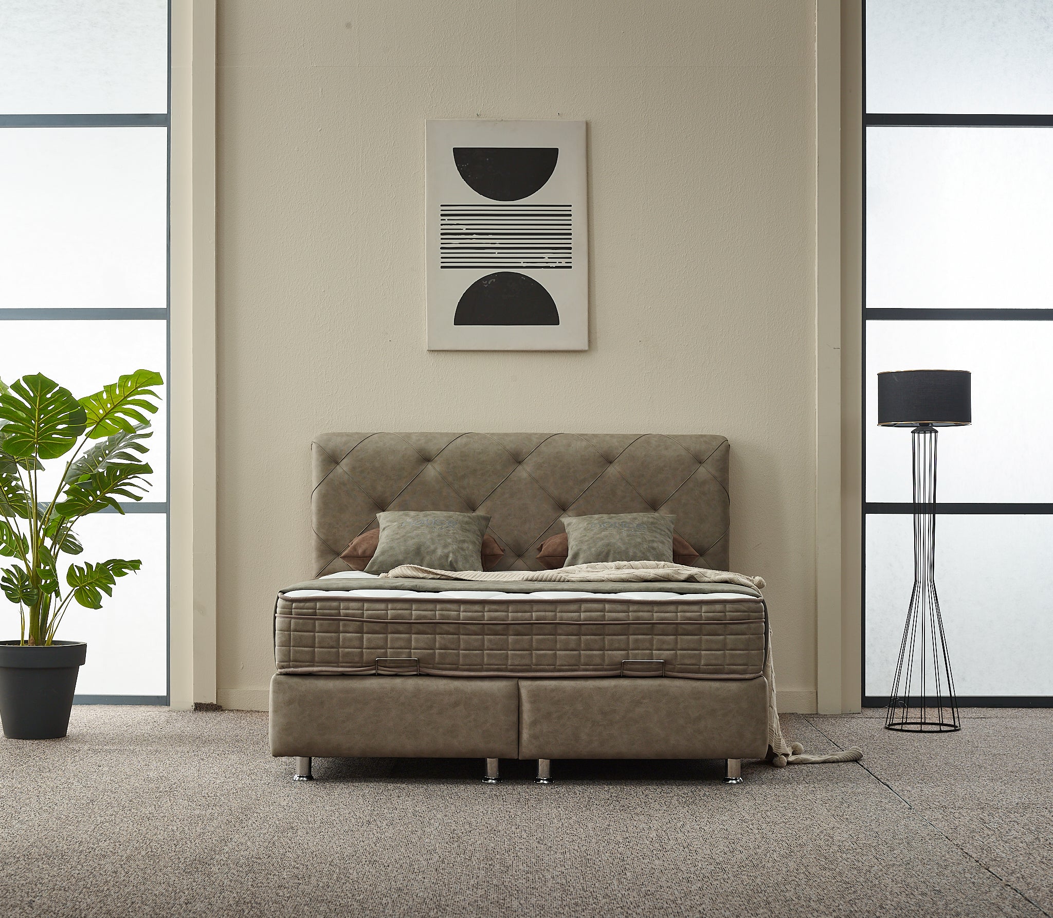 2BM - Boxspring Almi - Met opbergruimte - Stof - Taupe - 180x121x200cm