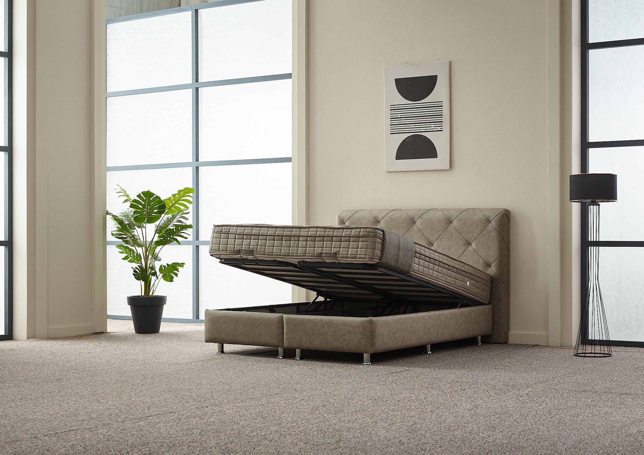 2BM - Boxspring Almi - Met opbergruimte - Stof - Taupe - 180x121x200cm