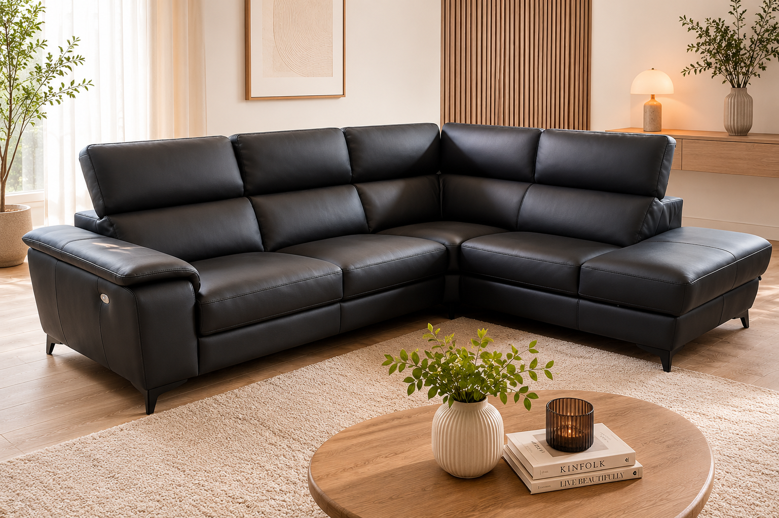 Altoni - Canapé d'angle Ambassador - avec relaxation électrique - cuir noir - 295x224cm