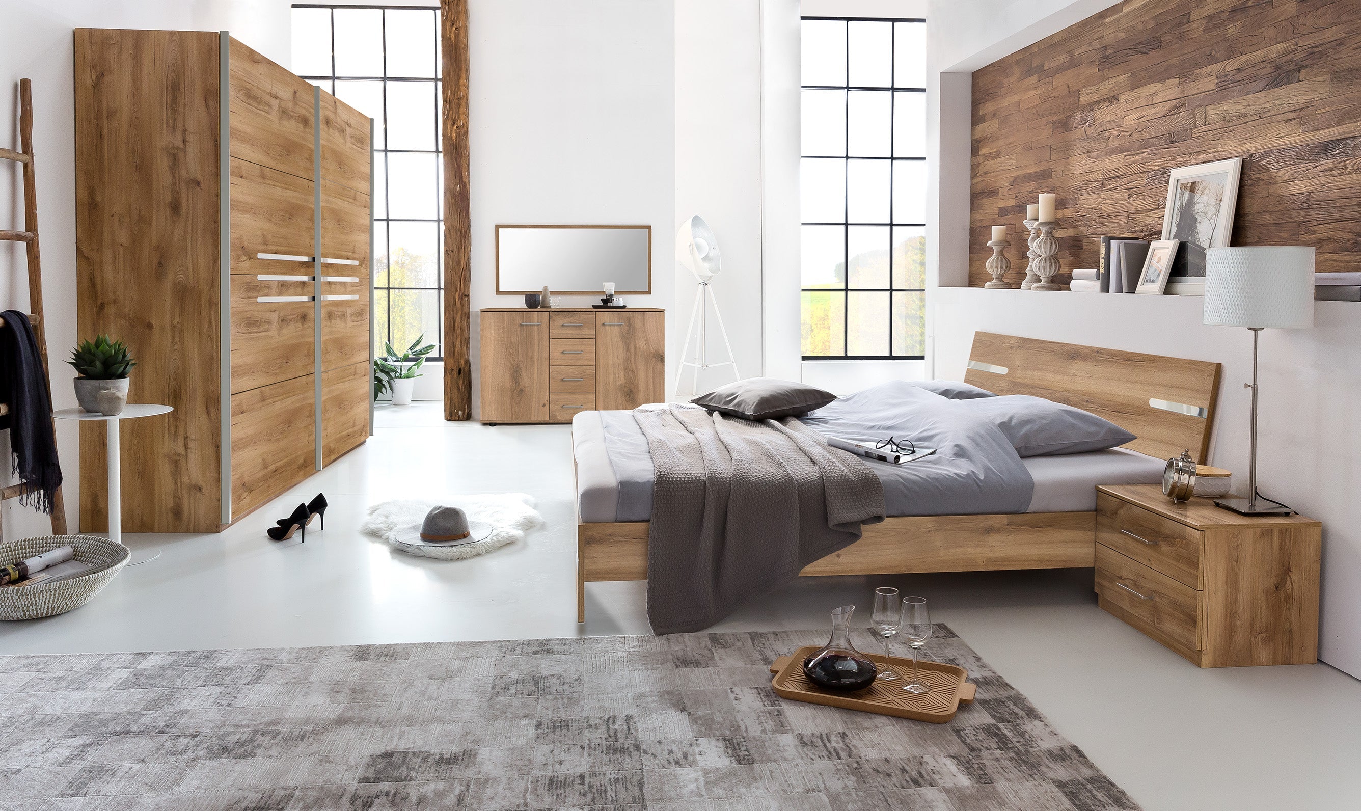Wimex - Chambre (ensemble 4 pièces) Anna - 760342 - Planches Chêne/Chrome - 518x208x200cm