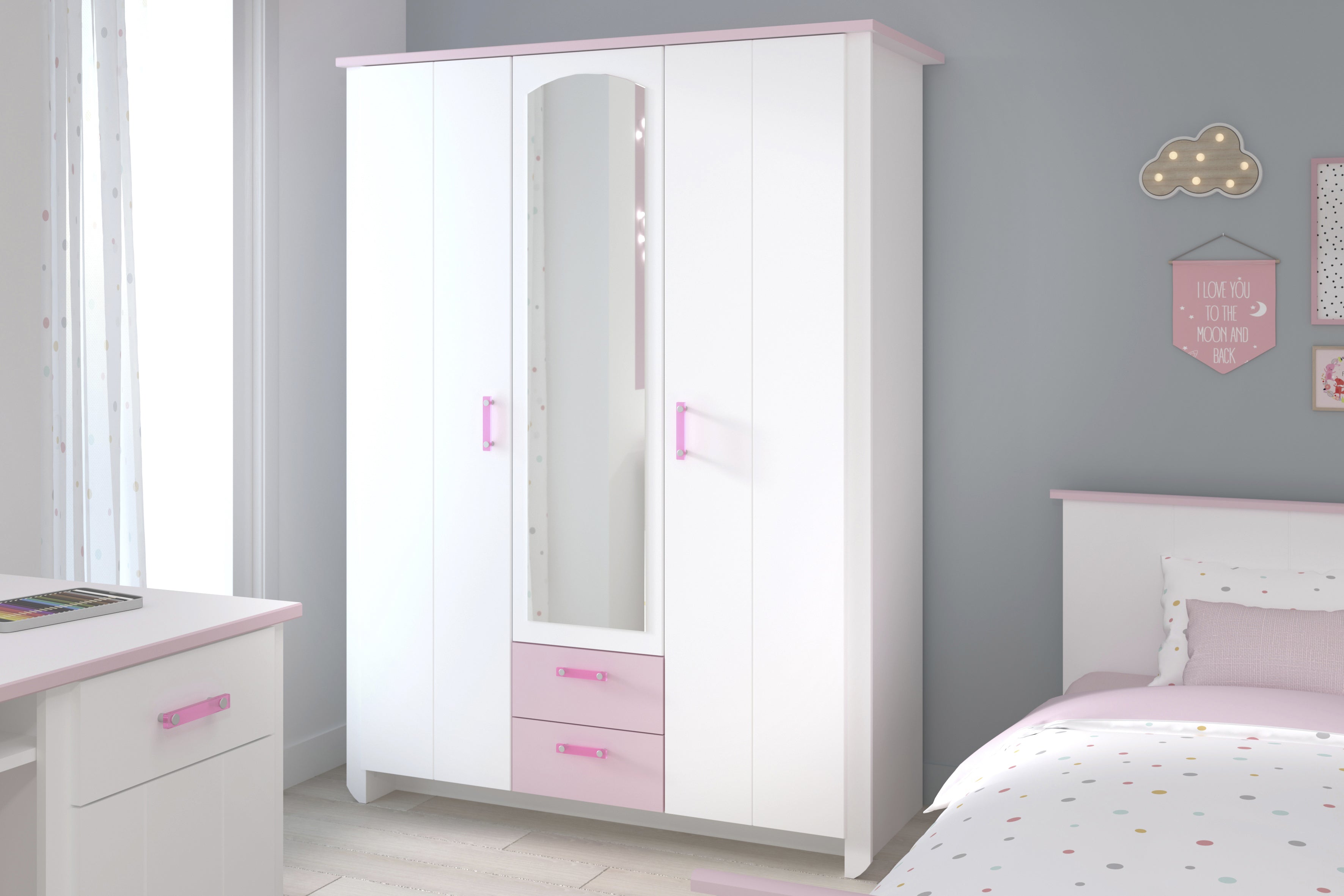 PST - Kleerkast Biotiful - 3 draaideuren - Wit/Roze - 136x181x56cm