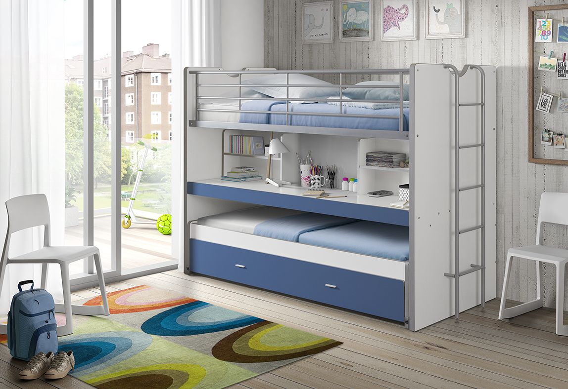 Vipack - Hoogslaper BONNY 80 - Onderbed + rolbed - Blauw - 90x200 cm