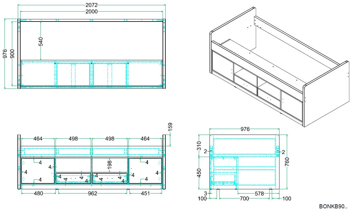 Vipack - Eenpersoonsbed Bonny - BONKB9014 - Wit - 97,5x78,5x207cm
