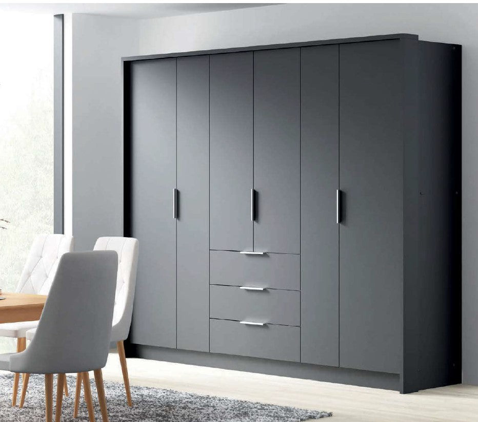 2BM - Kleerkast Bangkok - Antraciet Kleur - 6 Deuren - 3 Laden - 255x65x217cm
