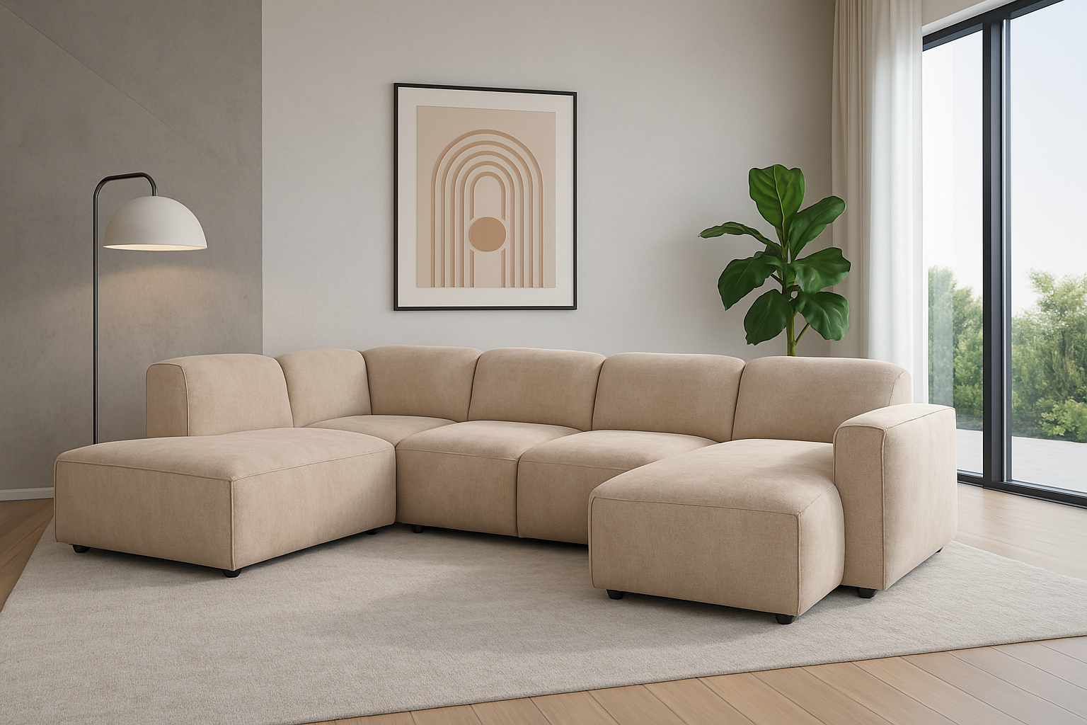 2BM - Canapé luxueux en U Billund - Droit - Velours beige - 200 x 345 x 170 cm (P92 x H80 cm)
