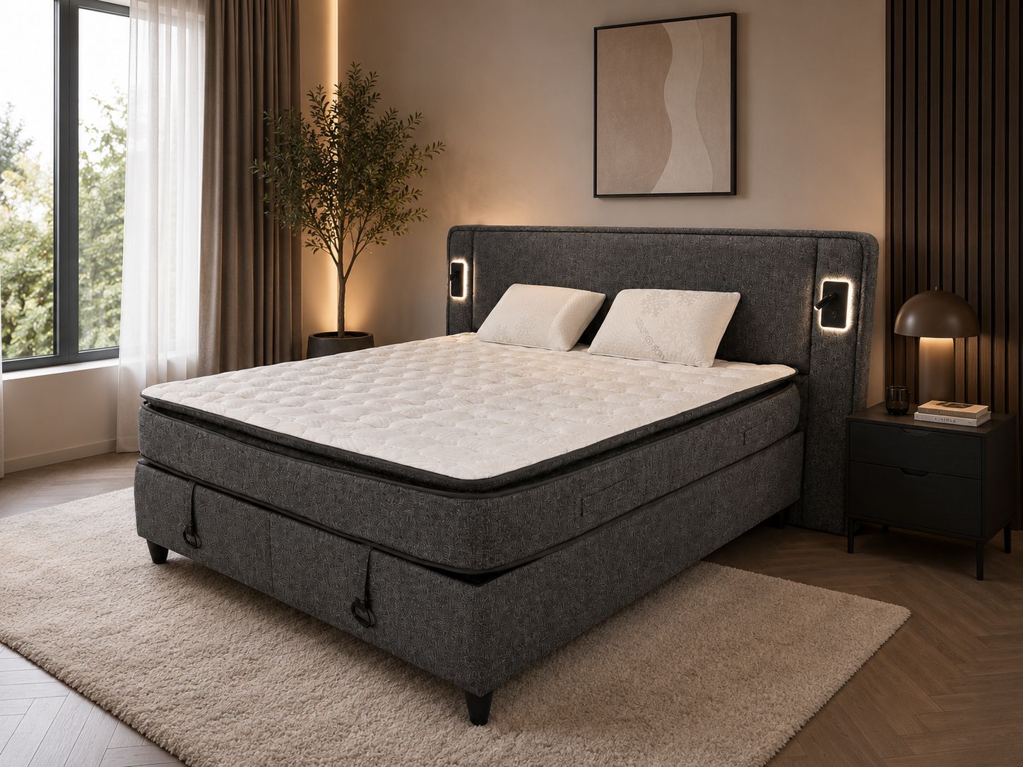 2BM - Sommier tapissier Black x32 - LED - Rangement 160x200cm