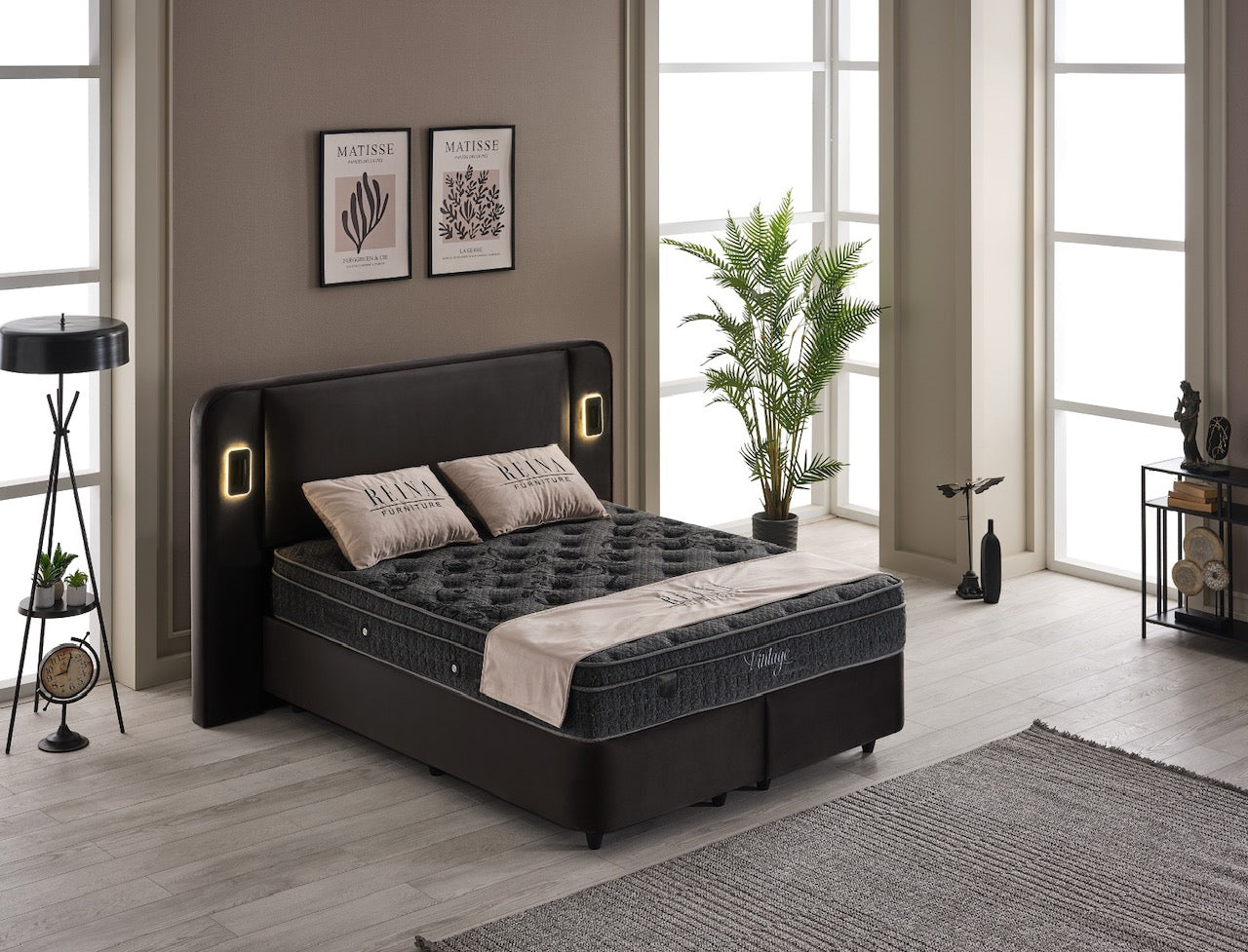 2BM – Boxspring Vintage – Velours Anthracite - Espace de rangement - LED - 160x200cm
