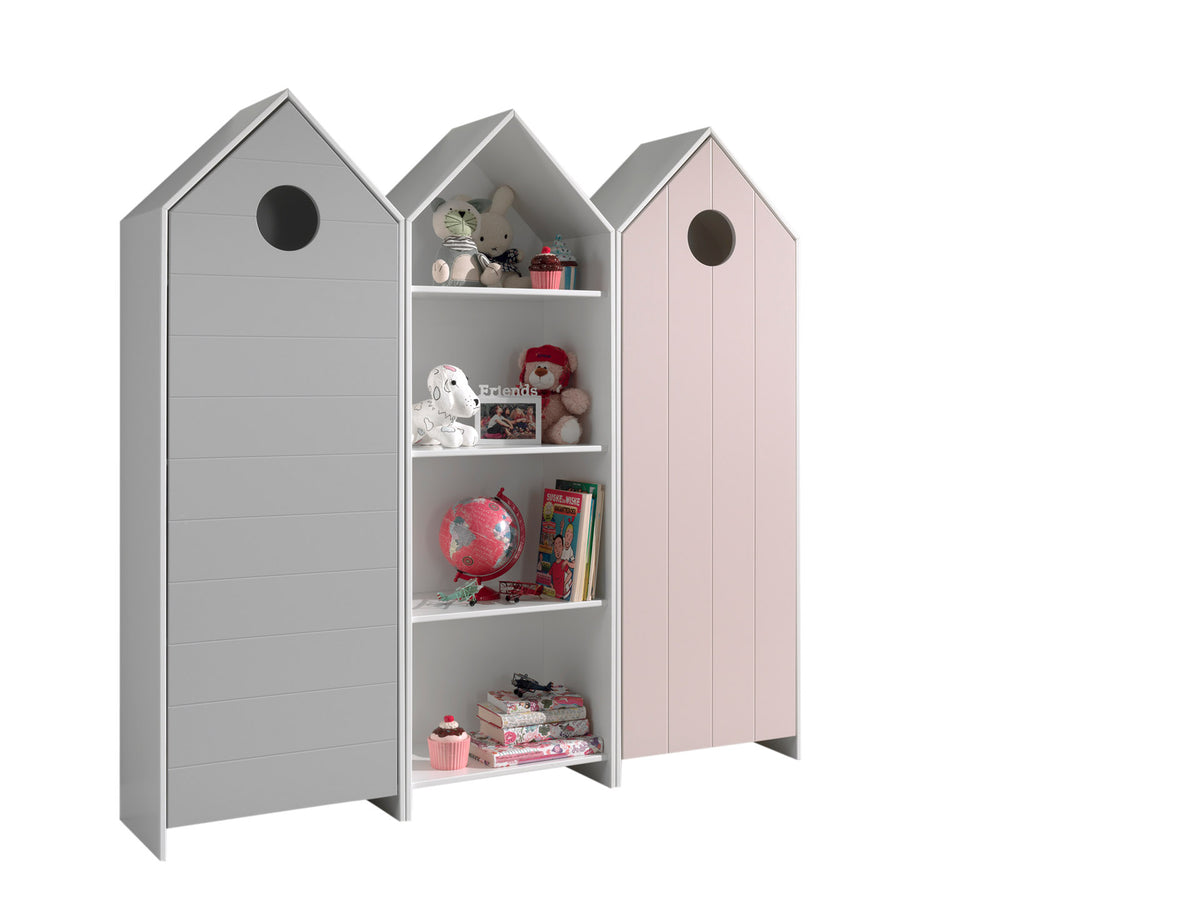 Deze CASAMI-combinatie bestaat uit 3 kasten: 2 kastjes met een grijze en een roze deur en 1 open kast.