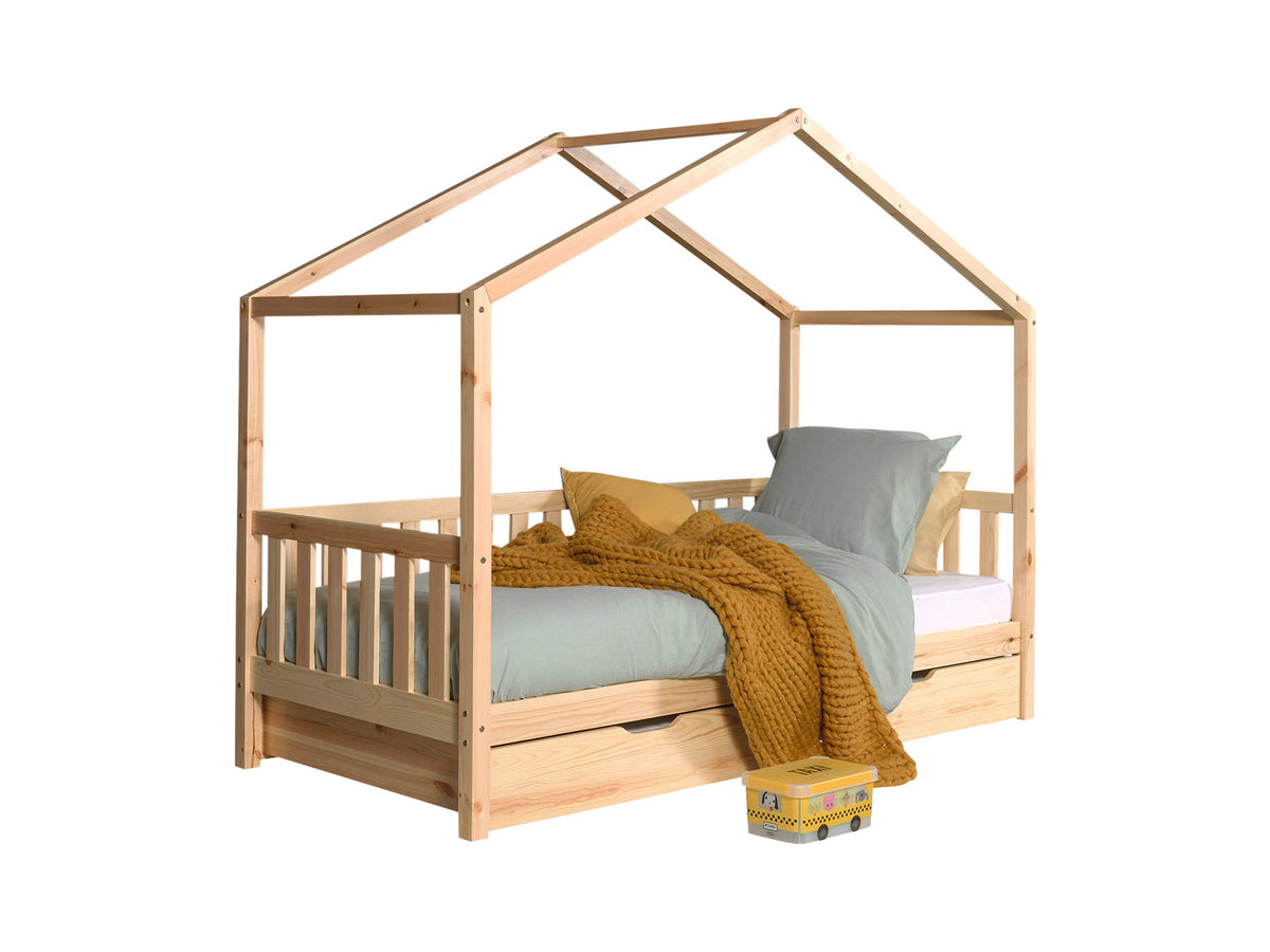 Vipack - Lit cabane DALLAS - Avec barrière et lit gigogne - Naturel - 90x200 cm