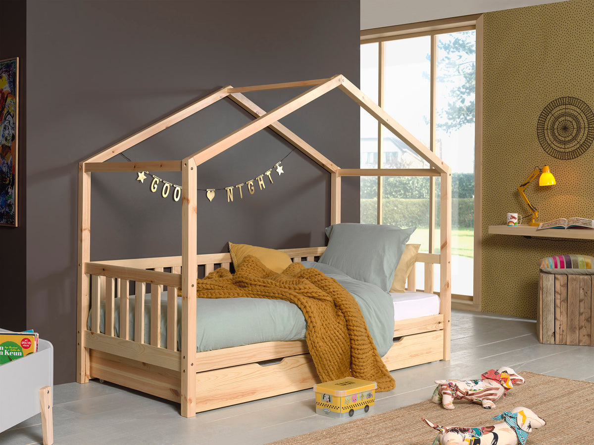 Vipack - Lit cabane DALLAS - Avec barrière et lit gigogne - Naturel - 90x200 cm