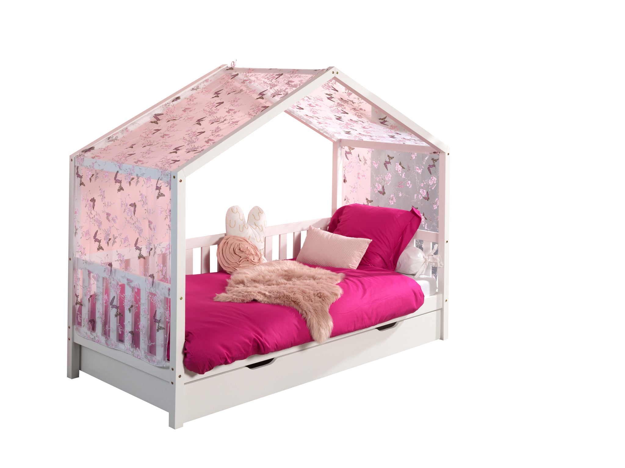 Wit DALLAS-bed (90 x 200 cm) met uitschuifbed en bijbehorende textielset.