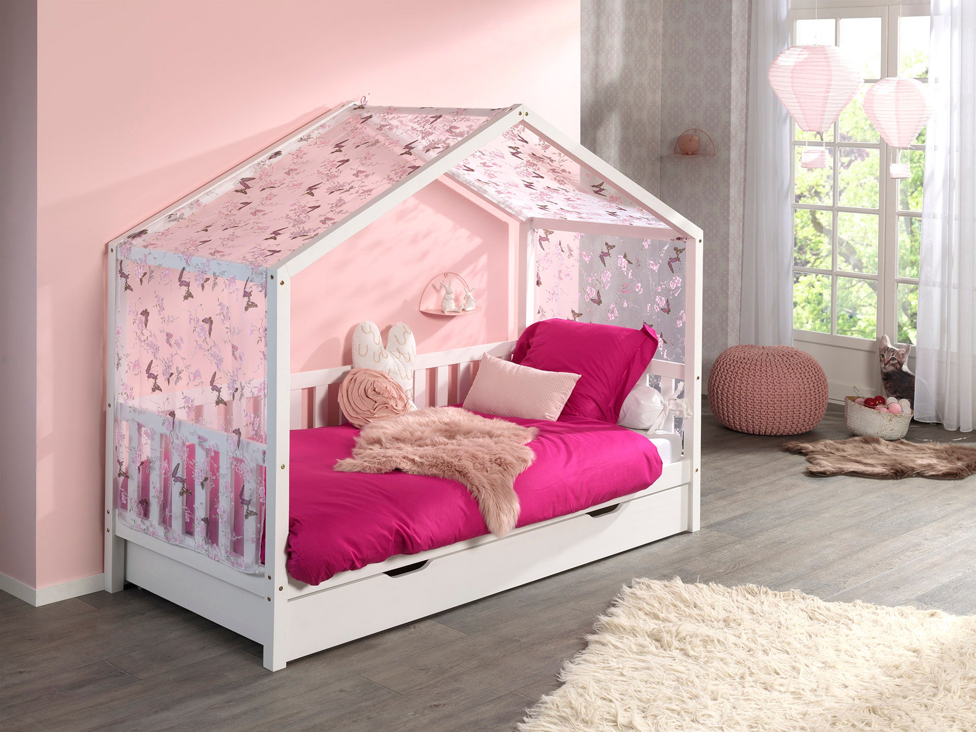 Wit DALLAS-bed (90 x 200 cm) met uitschuifbed en bijbehorende textielset.