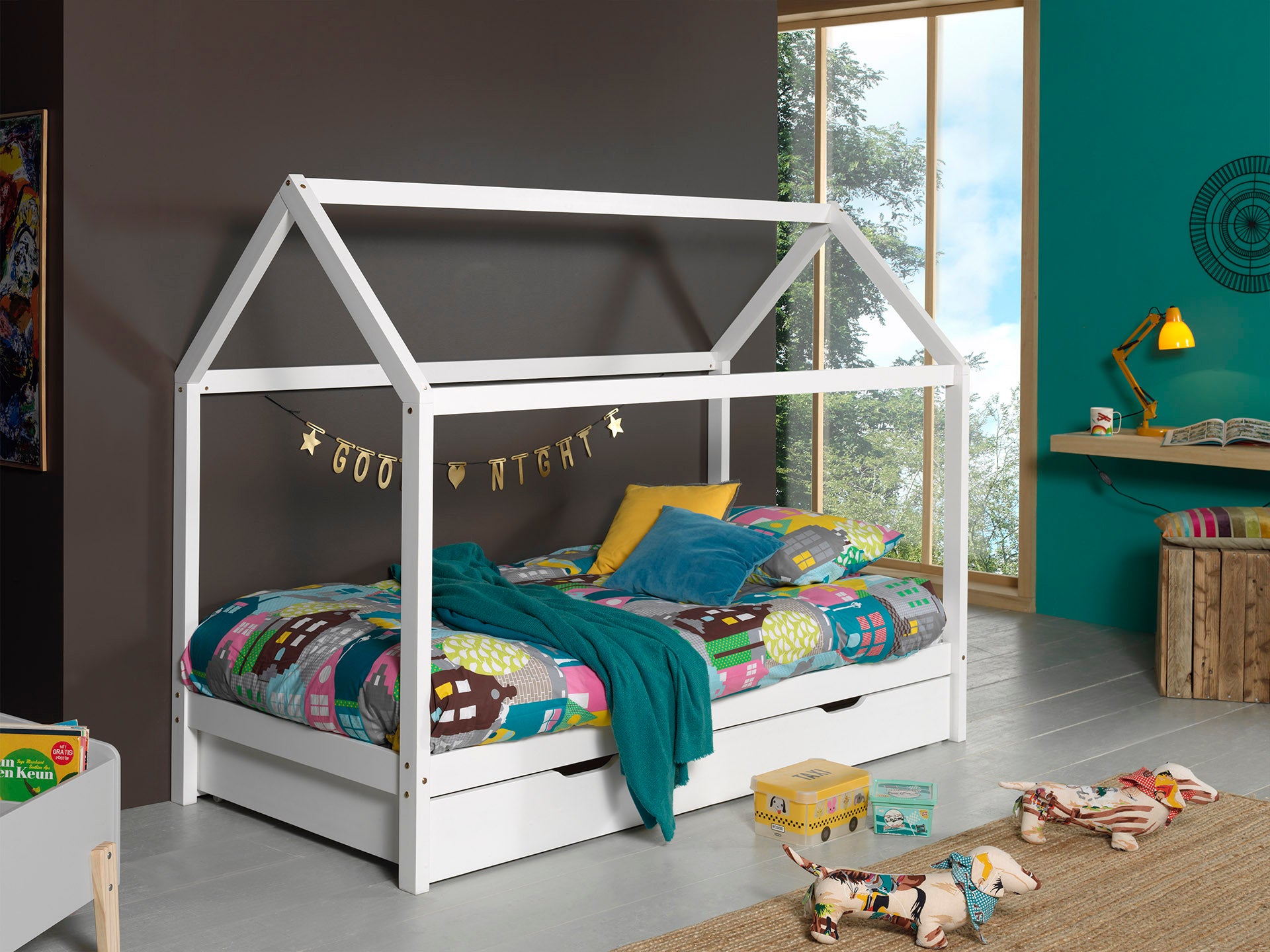 Wit DALLAS-bed (90x200) en bijhorend rolbed.