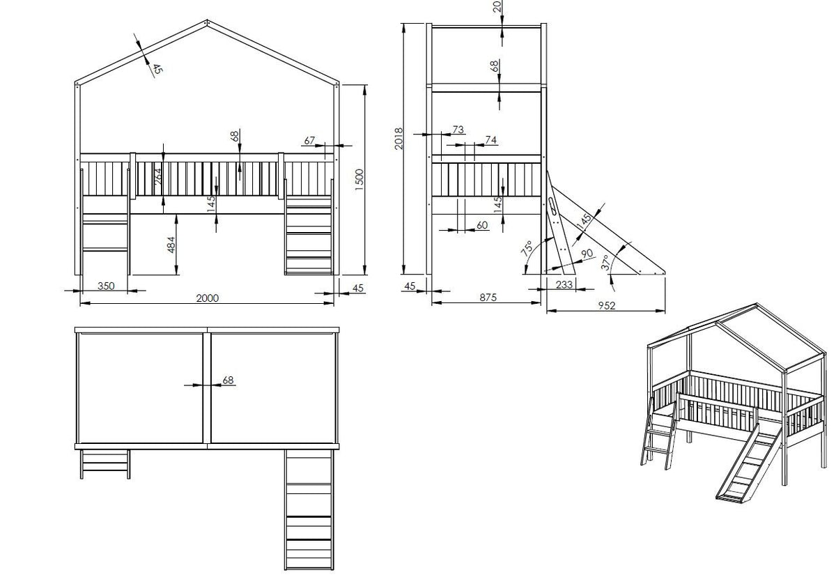 Vipack - Verhoogd huisbed DALLAS - Met glijbaan - Wit - 90x200 cm