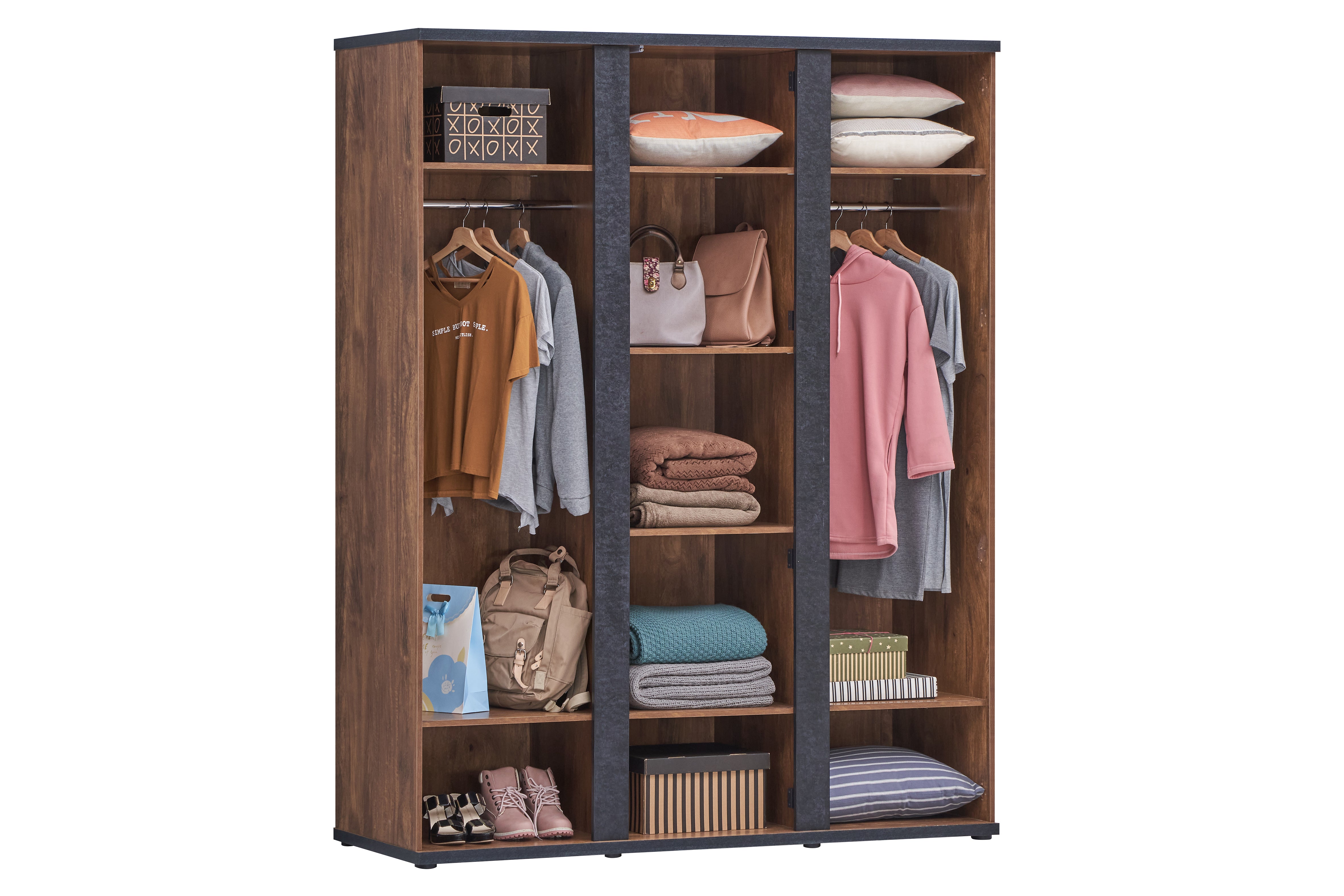 Armoire Ellen - 3 portes tournantes - Chêne Foncé/Anthracite - 164x208x55cm