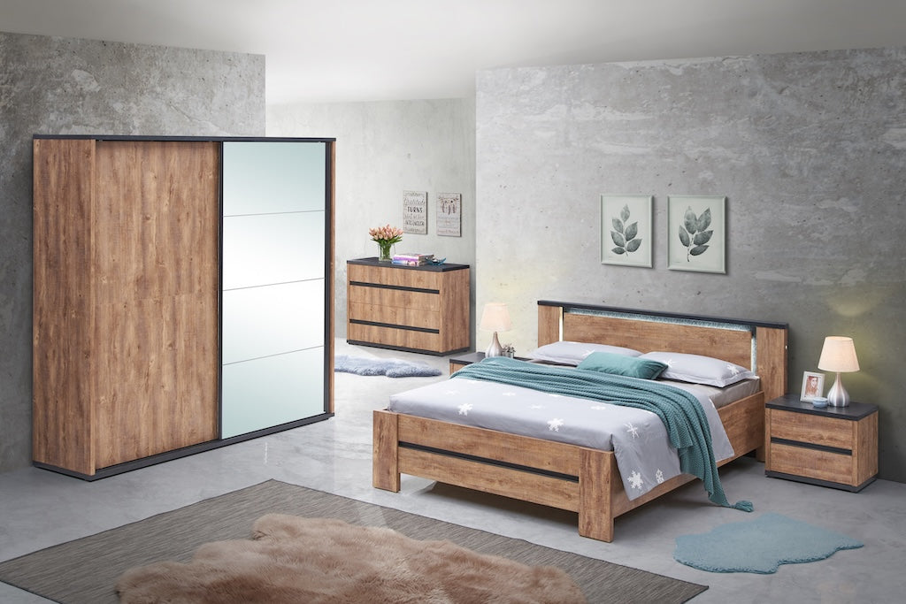 TYC - Slaapkamer Osric - 4-delige set met kast 220cm - Industrial oak - black line