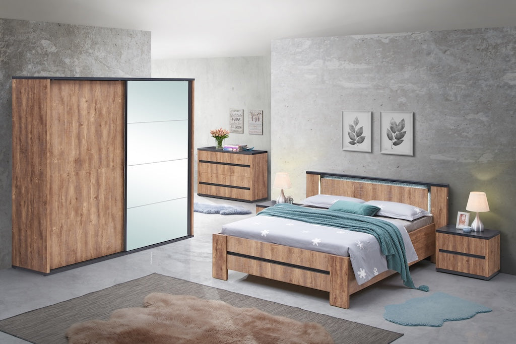 TYC - Slaapkamer Osric - 4-delige set met kast 240cm - Industrial oak - black line