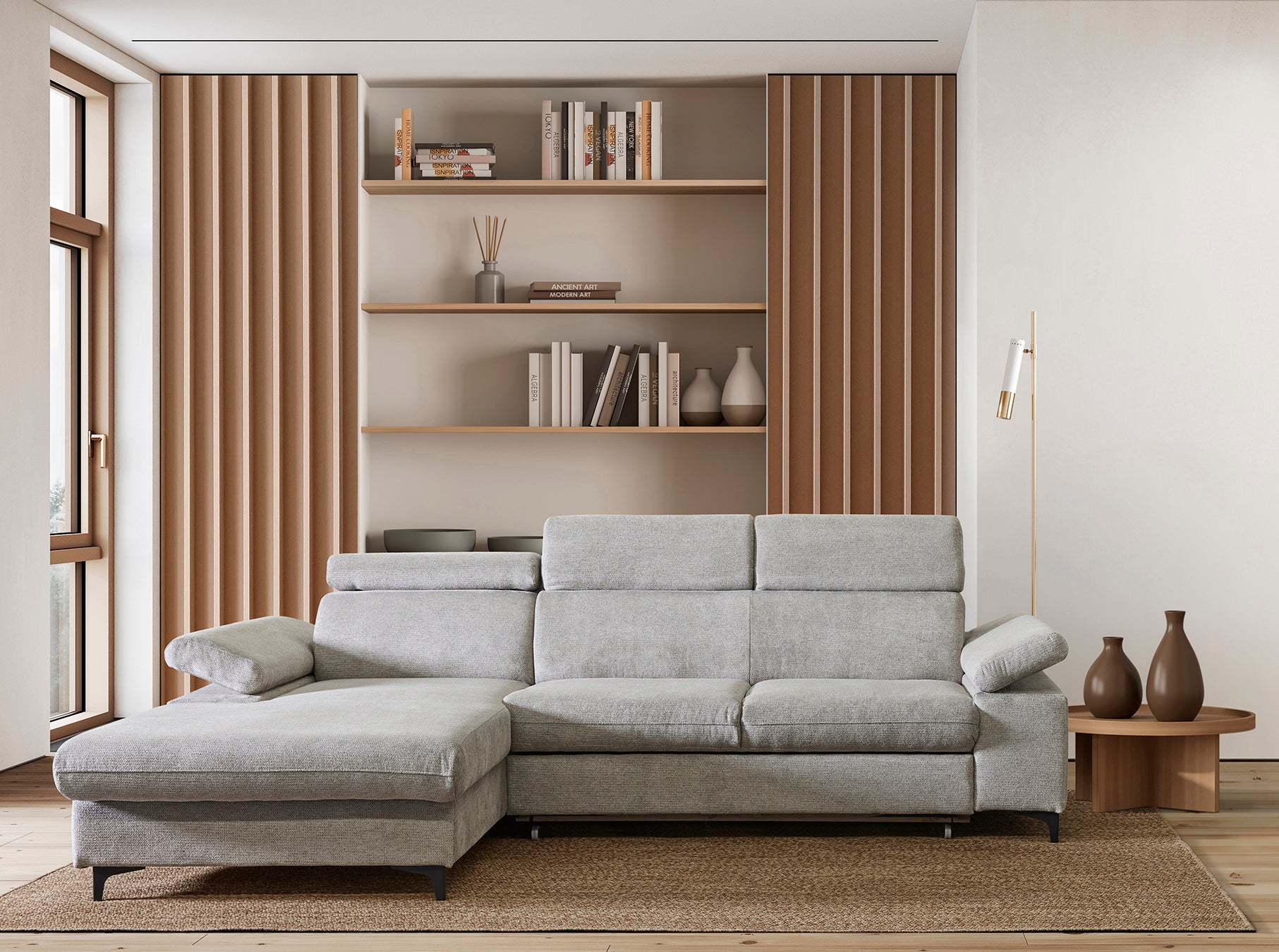 GBO - Hoeksalon L2 met bed en Koffer Macon - Stof Beige - 260x97.0x175cm