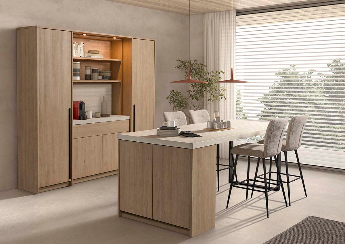 GBO - Paroi de cuisine - Chêne urbain+Travertin - 230x220x46 cm