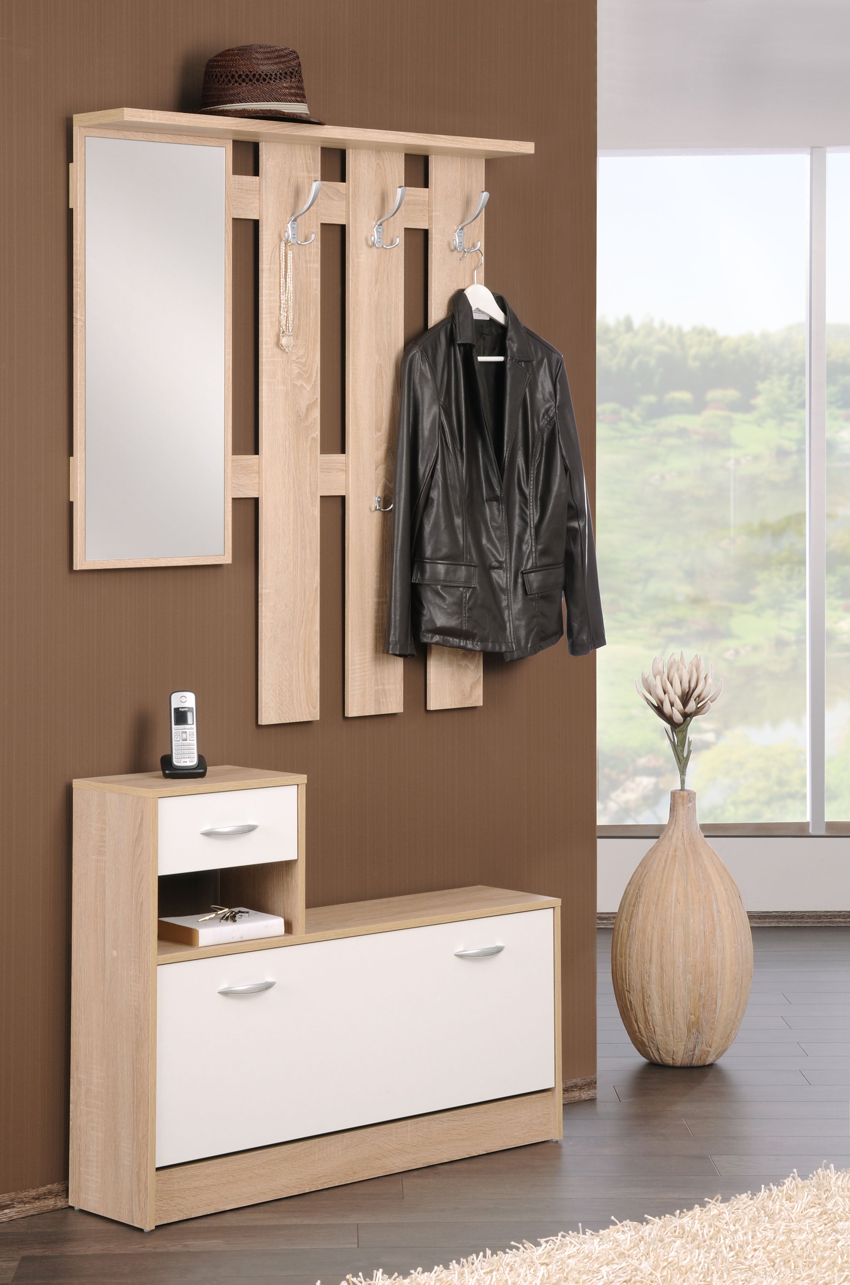 FIN - Halmeubel Rudolf - Wit/Eiken - Speigel, 3 kapstokken en 2 lades - 100x180hx25cm