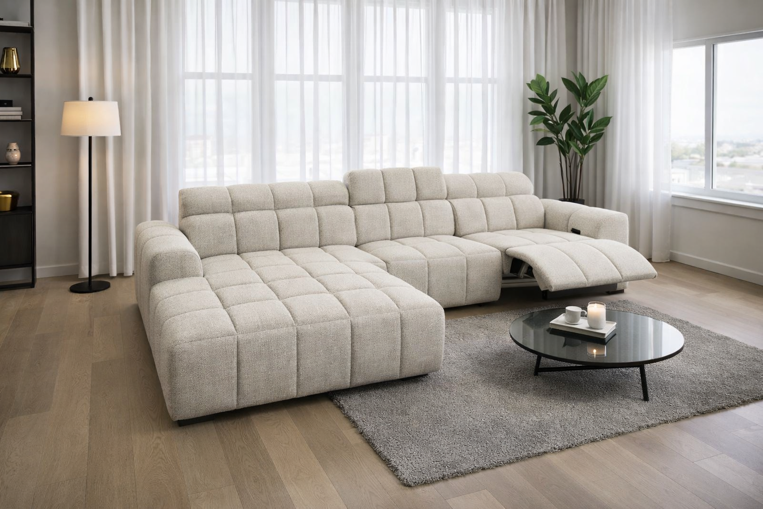 2BM – Canapé d'angle compact Megan - Gauche - Fauteuil inclinable électrique - Appuie-tête réglables - 199 x 292 cm