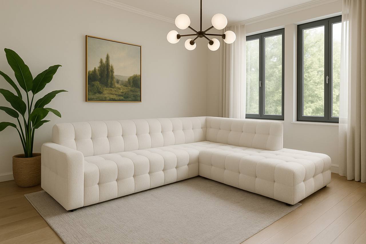 2BM - Salon Selda L - Tissu beige - Coutures design - Droite - 280x260x88 cm