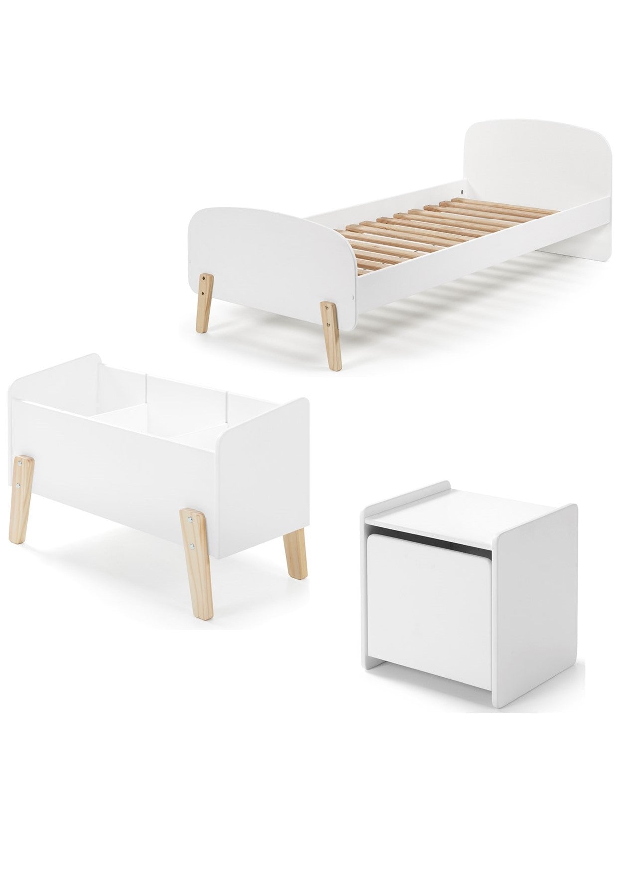 Deze KIDDY-combinatie in wit bestaat uit een bed (90 x 200), nachtkastje en speelkoffer.