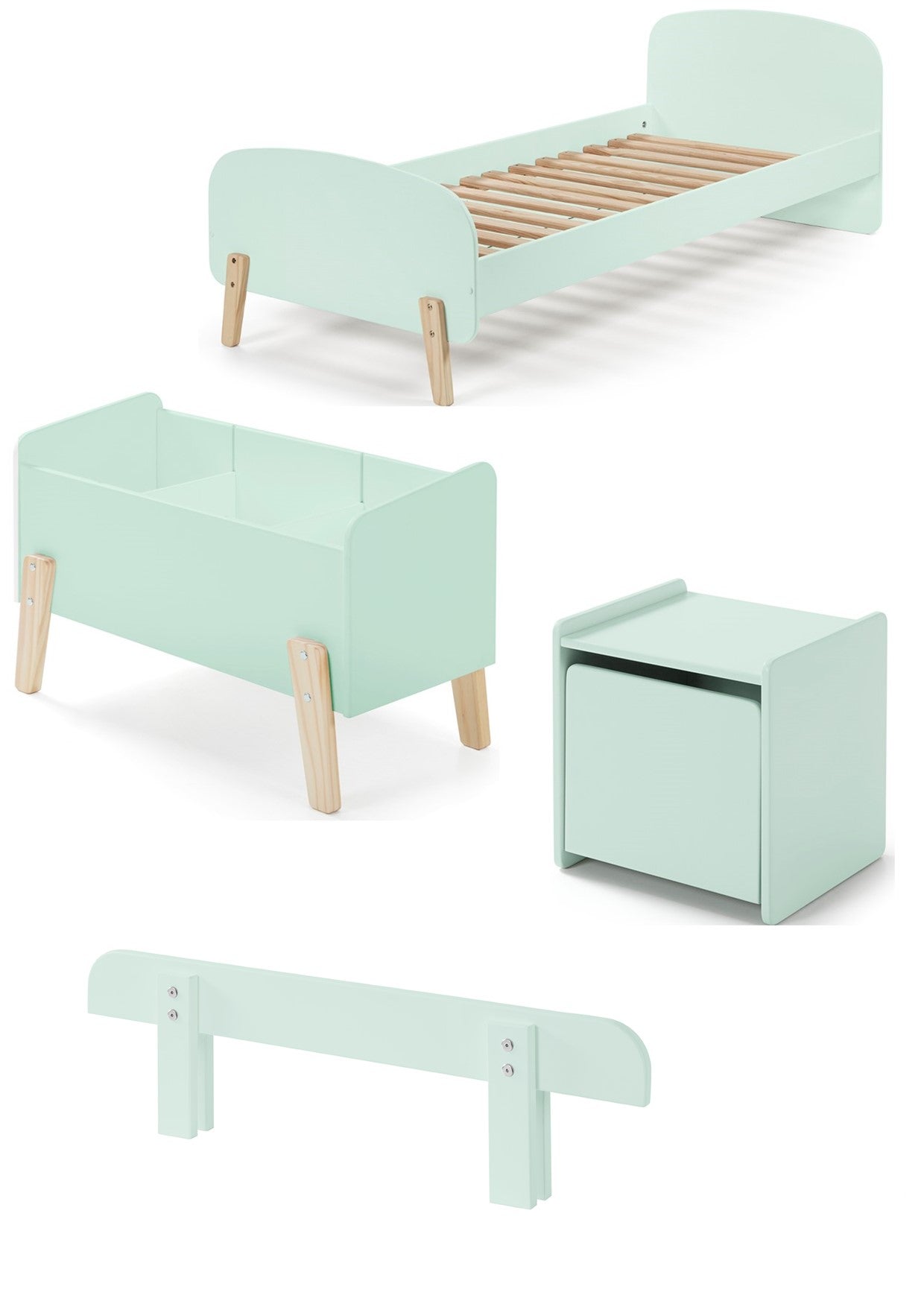 Cette combinaison KIDDY vert menthe se compose d'un lit (90x200) avec table de chevet, barrière de sécurité et coffre à jouets