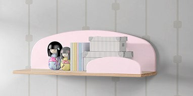 Deze KIDDY combinatie in roze bestaat uit een bed (90x200) met nachtkastje en 2 hangplankjes (45 en 65 cm).