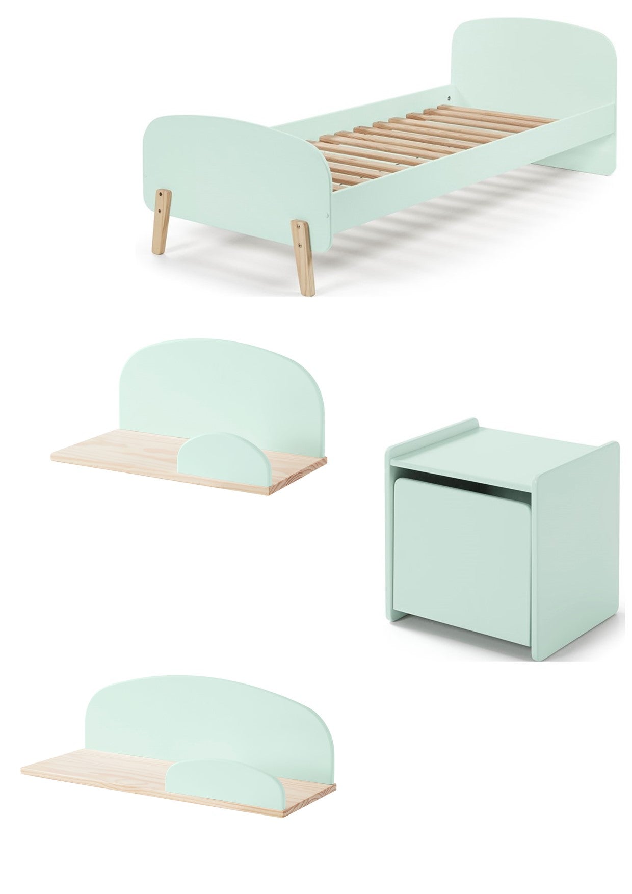 Deze KIDDY combinatie in mintgroen bestaat uit een bed (90x200) met nachtkastje en 2 hangplankjes (45 en 65 cm).