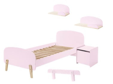 Deze KIDDY combinatie in roze bestaat uit een bed (90x200) met nachtkastje, 2 hangplankjes (45 en 65 cm) en een uitvalbeveiliging.