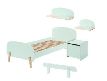 Deze KIDDY combinatie in mintgroen bestaat uit een bed (90x200) met nachtkastje, 2 hangplankjes (45 en 65 cm) en een uitvalbeveiliging.