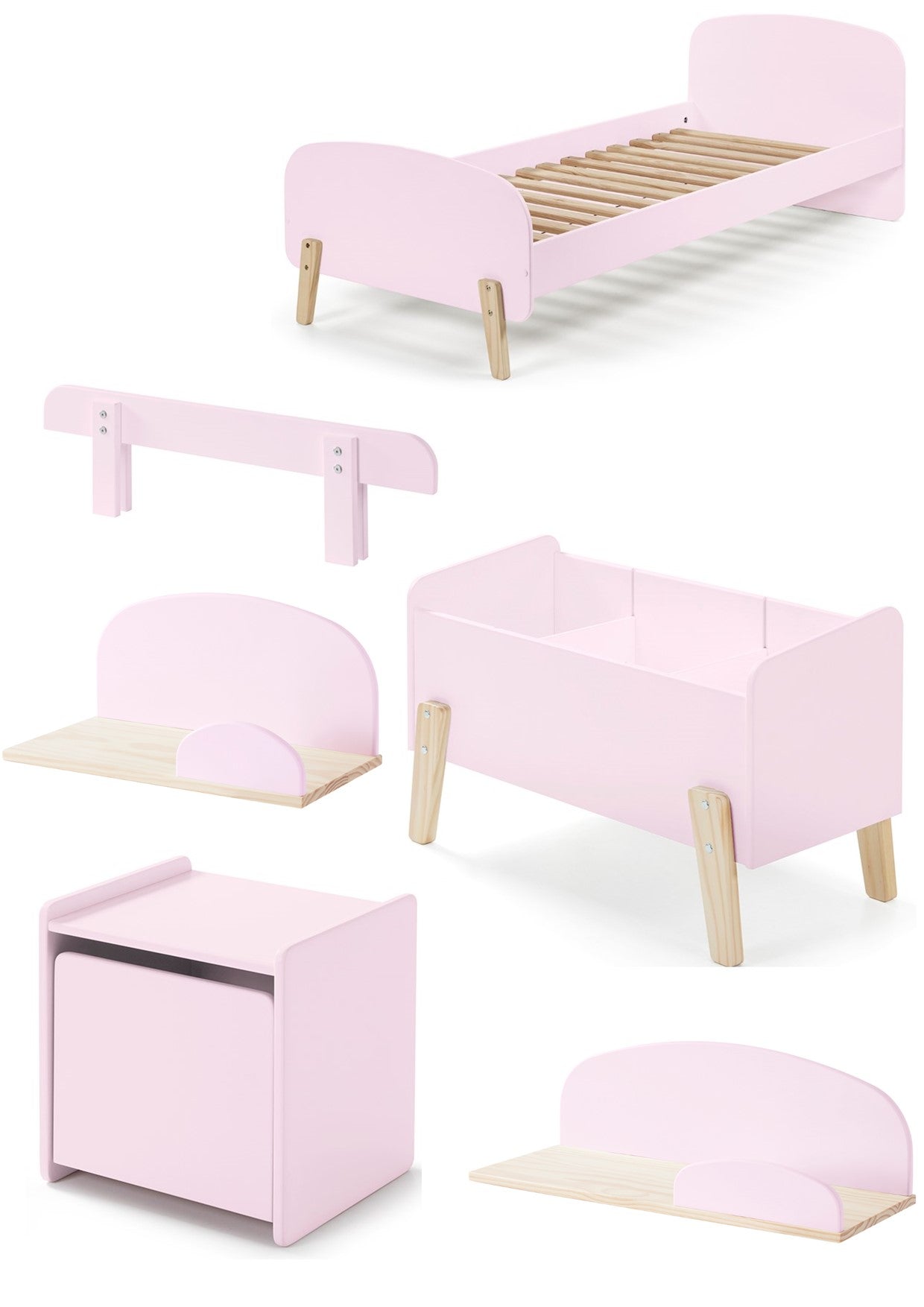 La combinaison rose KIDDY se compose d'un lit (90x200) avec table de chevet, de 2 étagères murales (45 et 65 cm), d'une barrière de sécurité et d'un coffre à jouets.