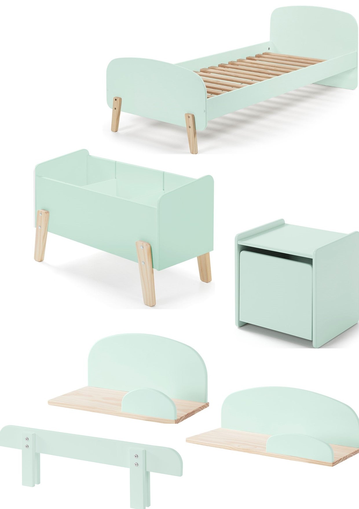 Deze KIDDY combinatie in mintgroen bestaat uit een bed (90x200) met nachtkastje, 2 hangplankjes (45 en 65 cm), uitvalbeveiliging en speelkoffer.