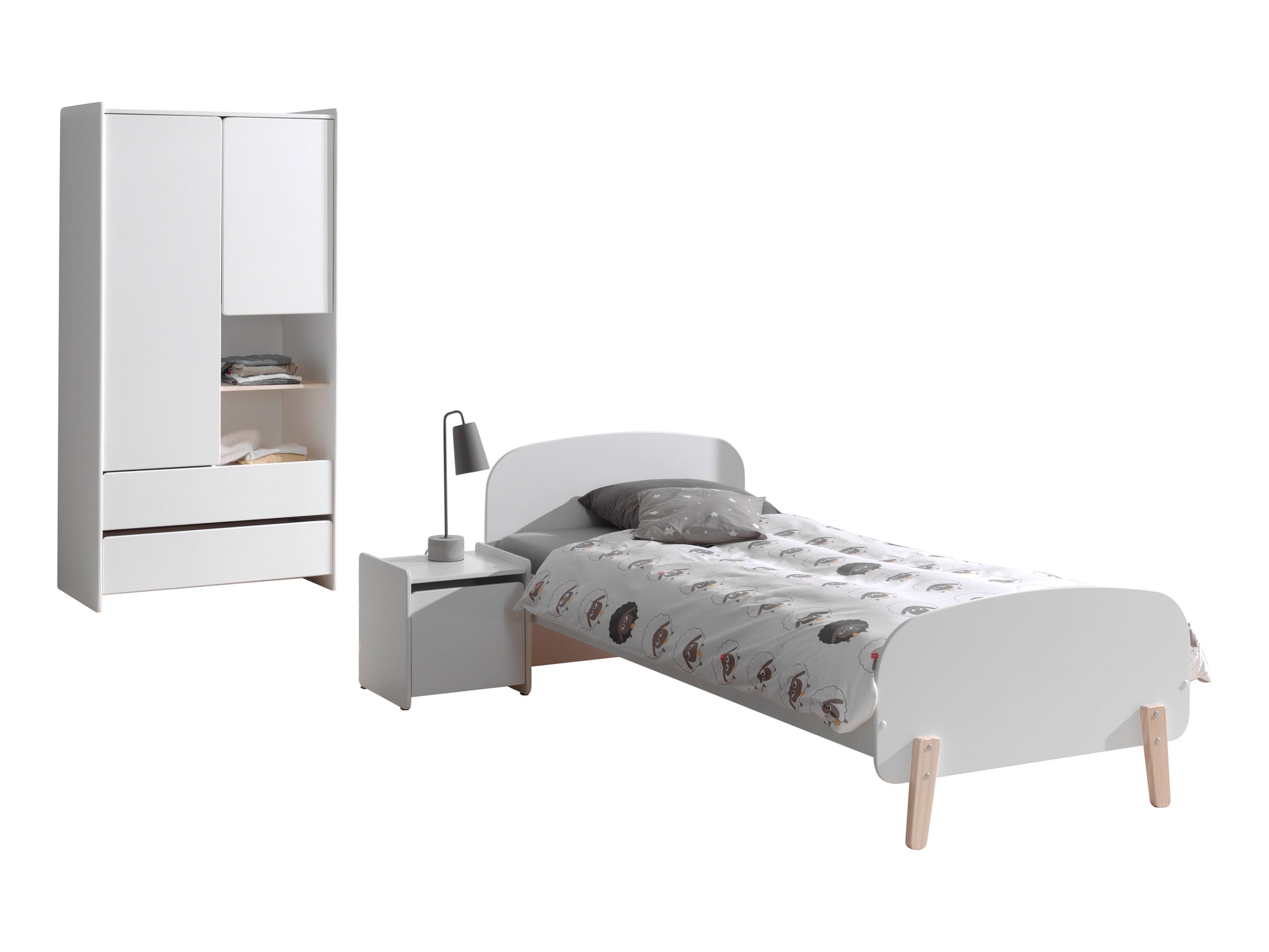 Deze KIDDY-combinatie in wit bestaat uit een bed (90 x 200 cm) met nachtkastje en 2-deurs kledingkast.