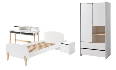 Deze KIDDY combinatie in wit bestaat uit een bed (90x200) met nachtkastje, 2-deurs kleerkast en bureau.
