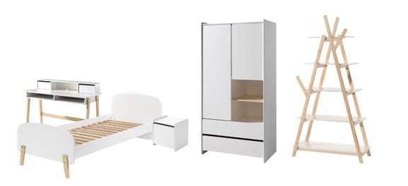 Deze KIDDY combinatie in wit bestaat uit een bed (90x200) met nachtkastje, 2-deurs kleerkast, bureau en boekenkast.