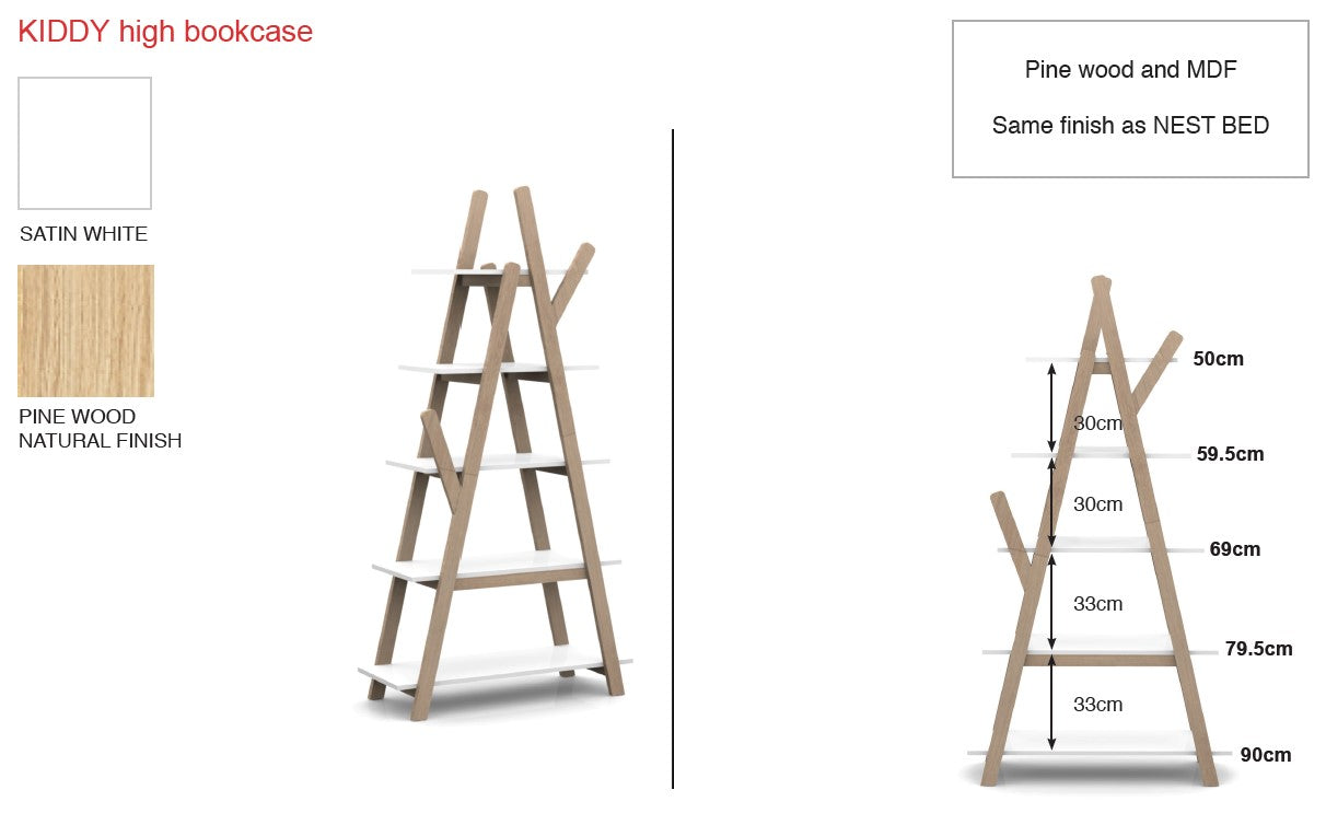 Deze KIDDY combinatie in wit bestaat uit een bed (90x200) met nachtkastje, 2-deurs kleerkast, bureau en boekenkast.