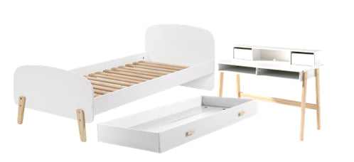 Deze KIDDY-combinatie in wit bestaat uit een bed (90x200) met bijbehorend rolbed en bureau.