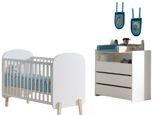 Deze KIDDY-combinatie in wit bestaat uit een babybed (60 x 120 cm) met commode en bijpassende luierplank.