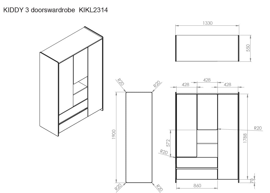 KIDDY KLEERKAST 3 DEUREN + 2 LADES *