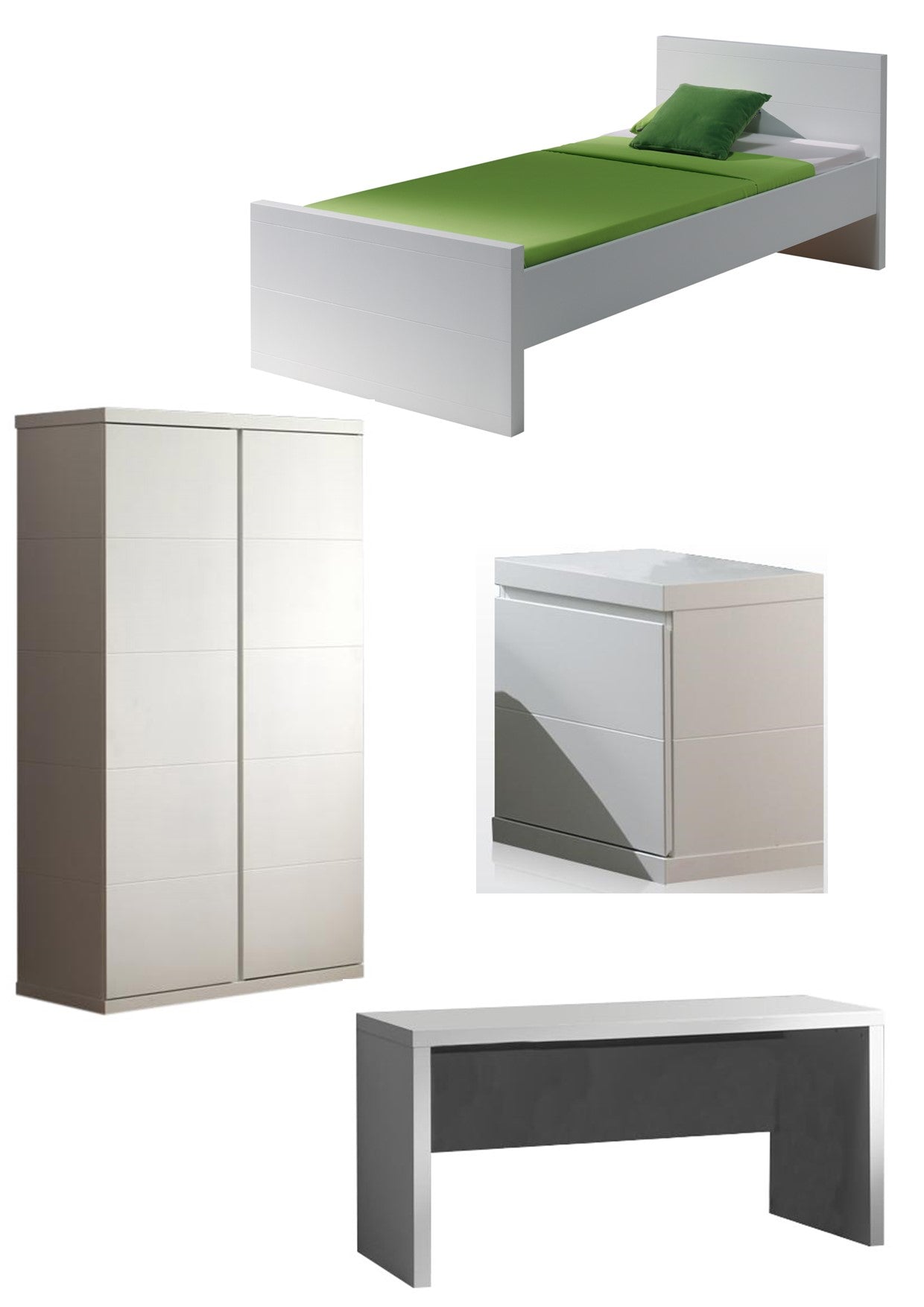 Deze LARA-combinatie in wit bestaat uit een bed (90 x 200 cm) met bijbehorend nachtkastje, een 2-deurs kleerkast en een bureau.