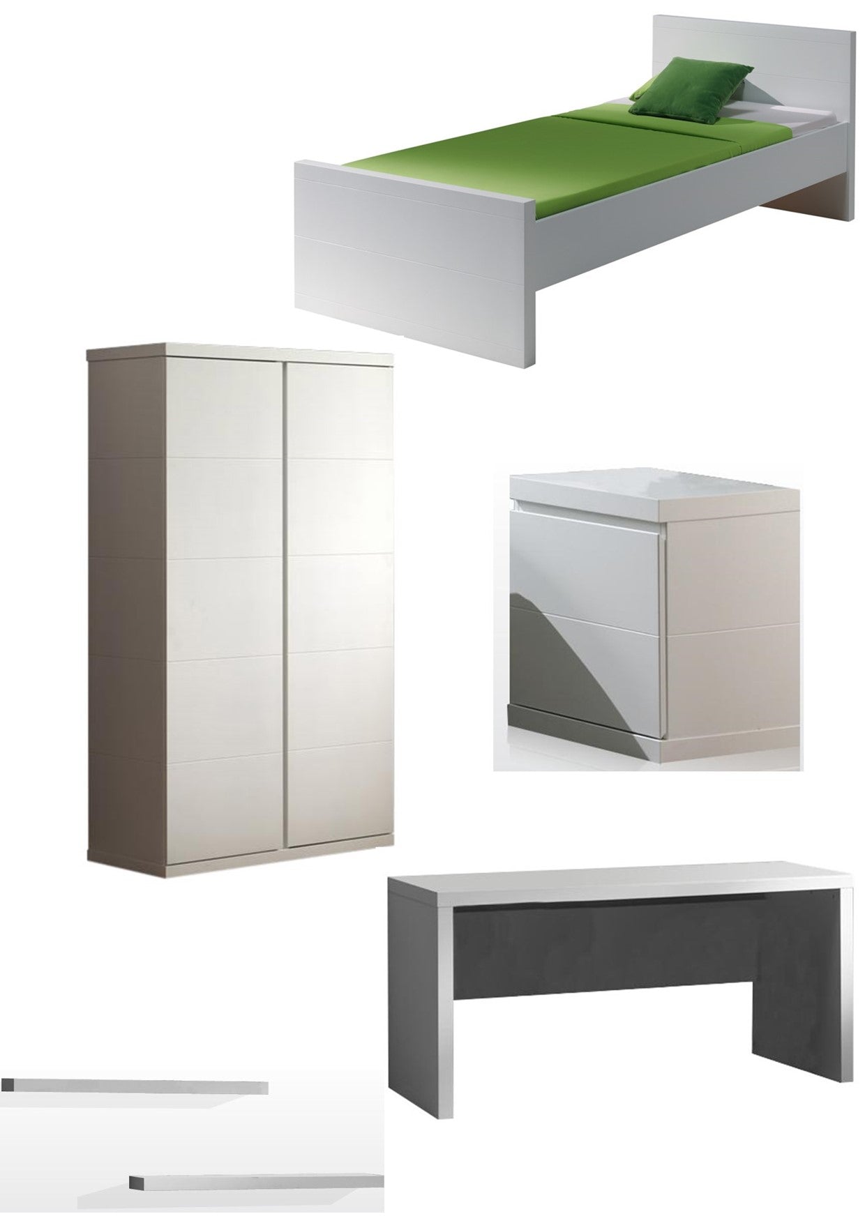 Deze LARA-combinatie in wit bestaat uit een bed (90x200) met bijbehorend nachtkastje, 2-deurs kledingkast, bureau en 2 hangplankjes.