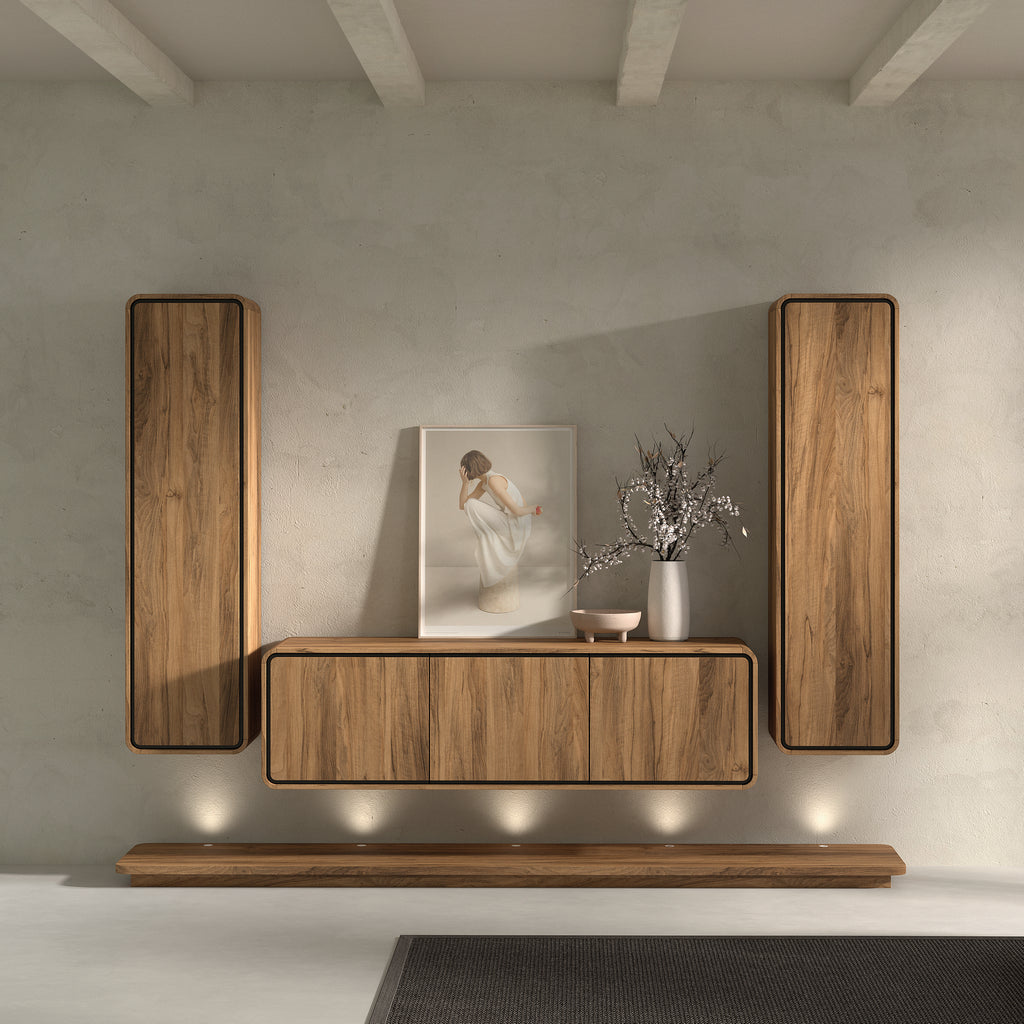 Meuble TV mural Lago3 - Noyer brossé naturel - HKB1 + HLB3 + HKB1