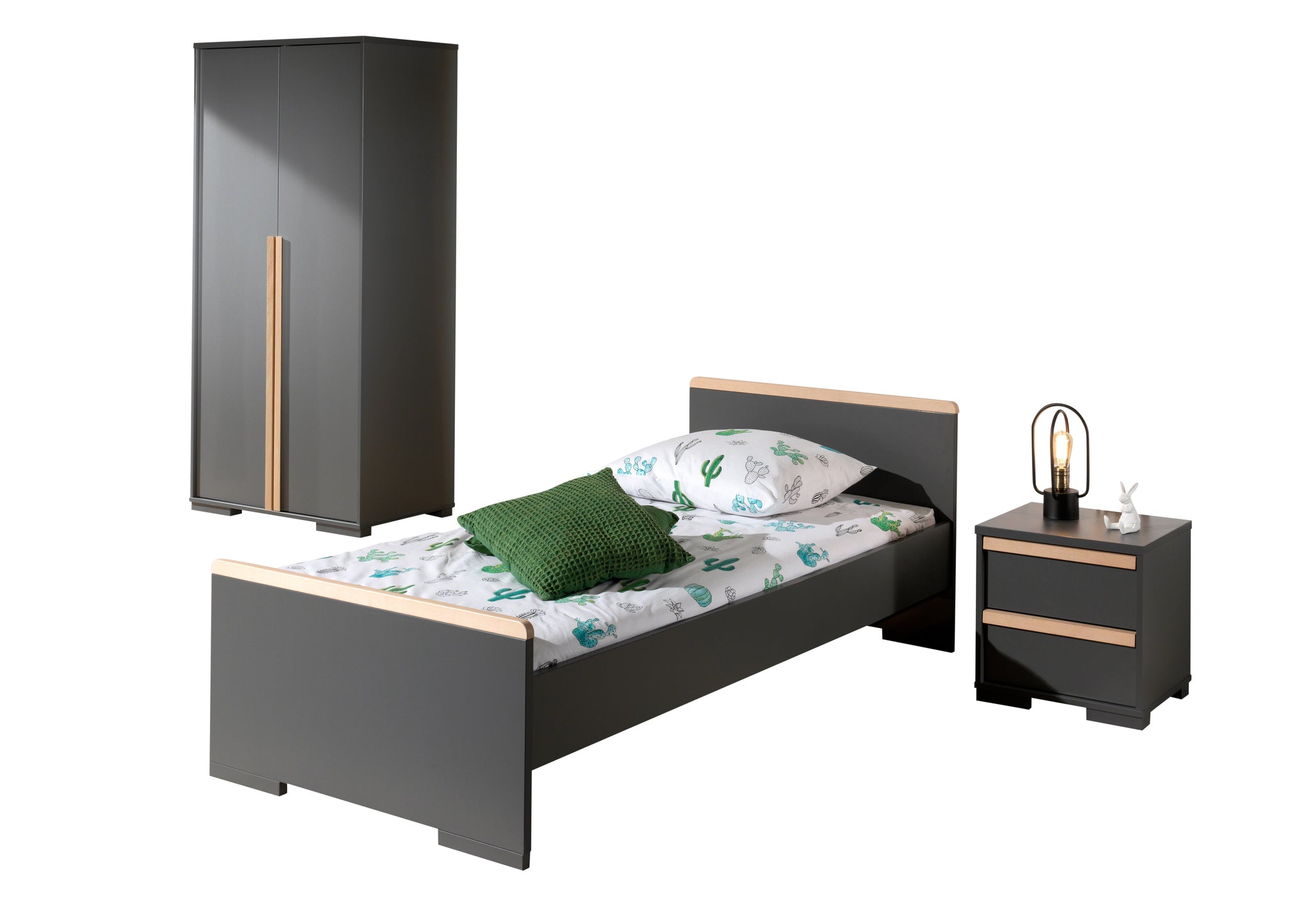 Deze LONDON combinatie in antraciet bestaat uit een bed (90x200) met nachtkastje en 2-deurs kleerkast.